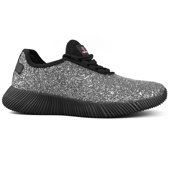Ice Silver Sequin Glitter Sneaker Shoe Lace Up Slip On Comfy Sport Gym Metallic - Picture 9 of 16